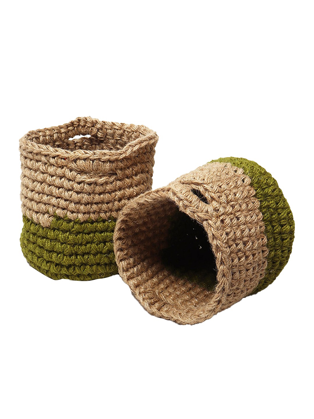 Beige & Green Set of 2 Color blocked Jute Crochet Baskets