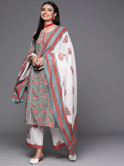 Women Grey & Peach-coloured Floral Print Cotton Kurta Palazzos Dupatta