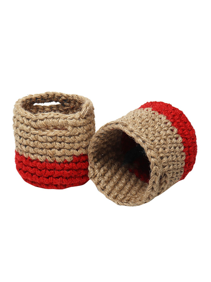 Red and Brown Set of 2 Color blocked Jute Crochet Baskets