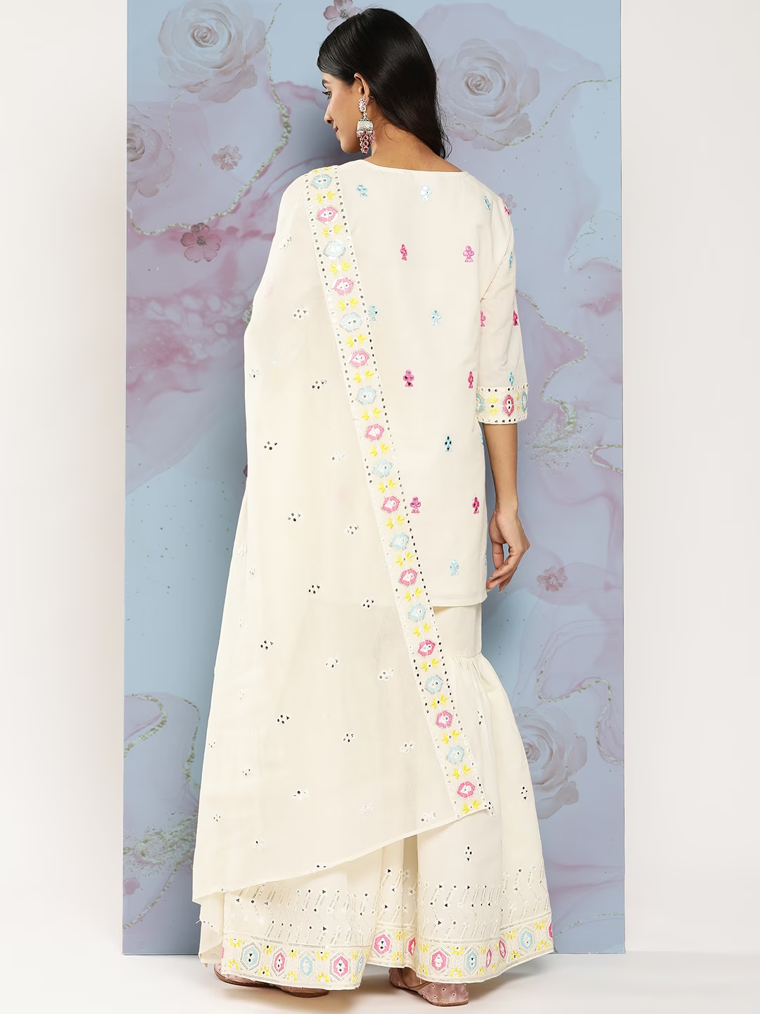 Women Embroidered Mirror Work Pure Cotton Kurti With Sharara & With Dupatta