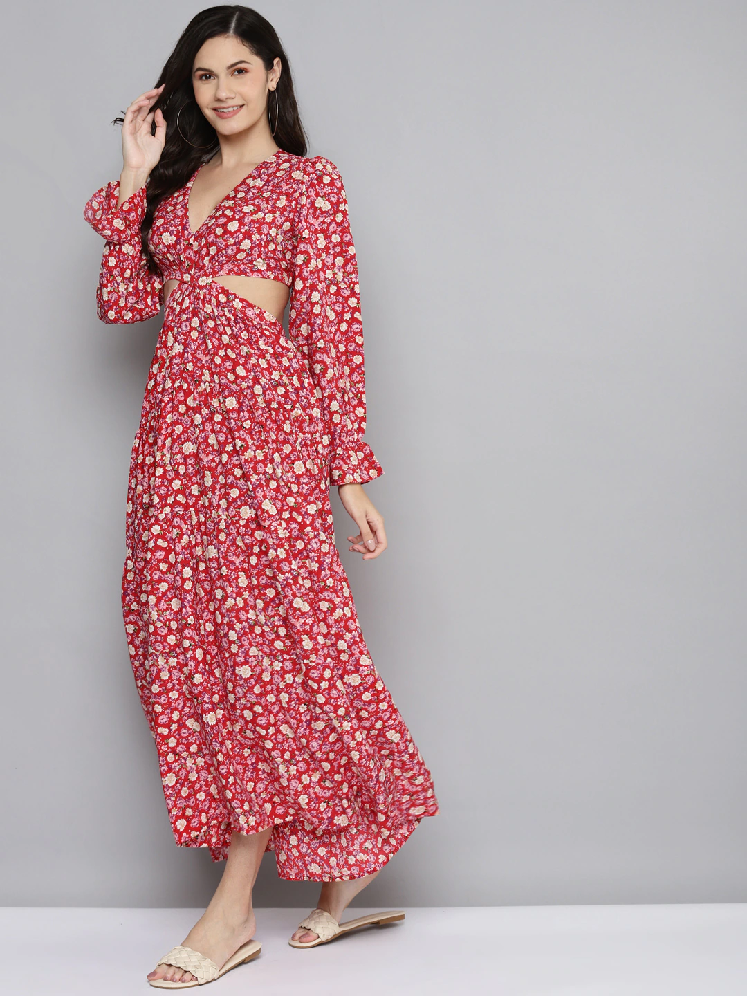 Red & Beige Floral Waist Cut-Out Maxi Dress