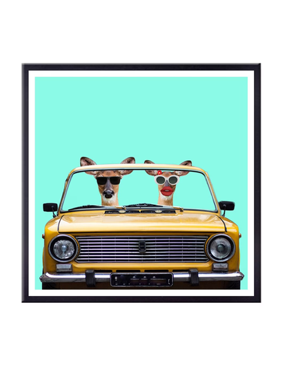 Turquoise Blue & Yellow Cartoons And Car Printed Canvas Wall Art