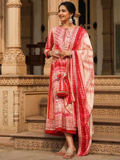 Printed Anarkali Ethnic Dress With Dupatta & Potli