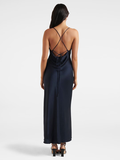 Women Navy Blue Solid Shoulder Straps Satin Maxi Dress