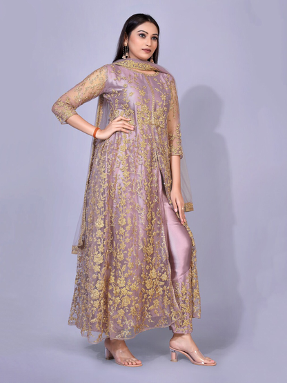 Women Lavender Ethnic Motifs Embroidered Empire Thread Work Salwar Suit