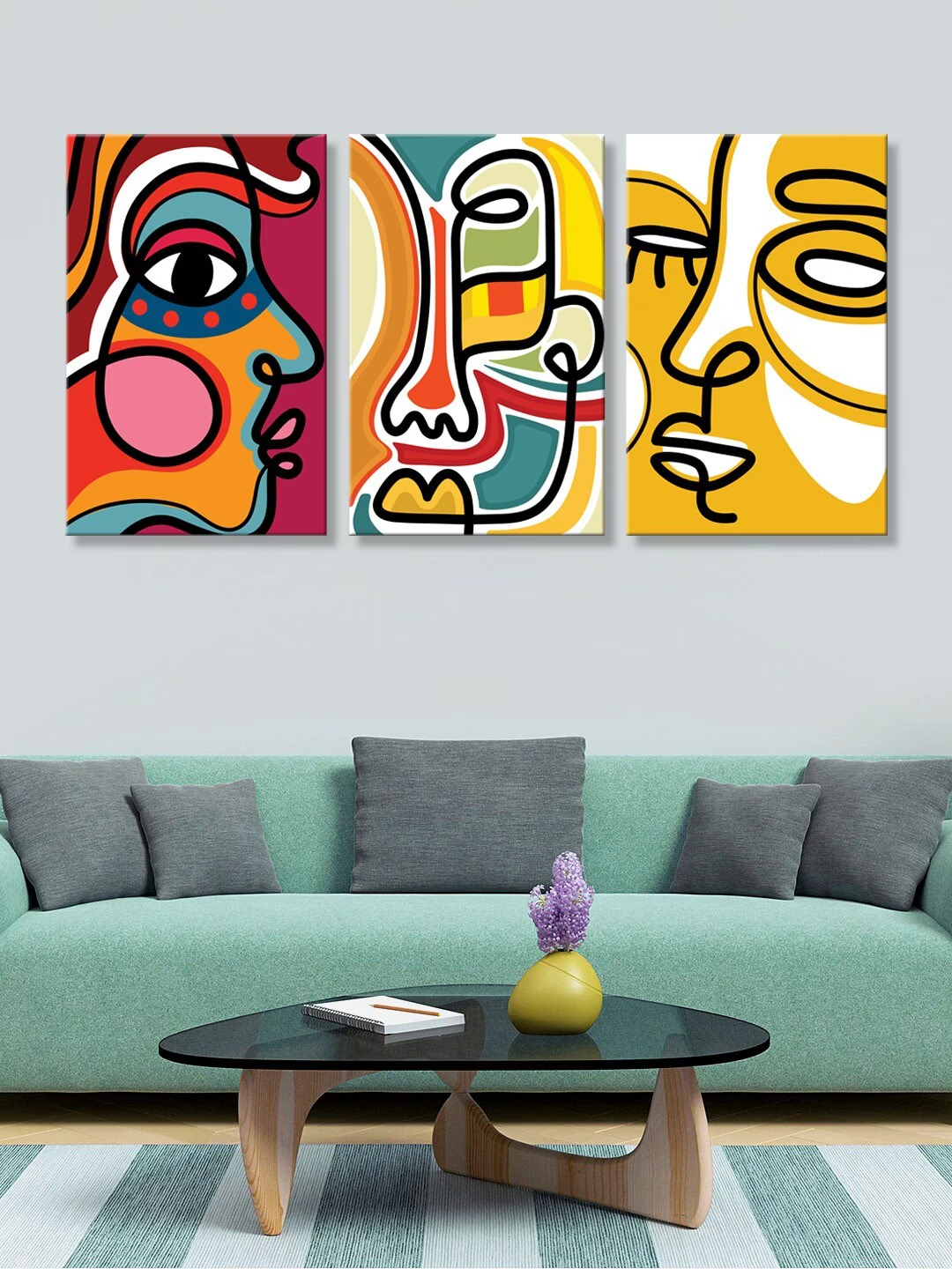 Set of 3 Multicoloured Abstract Face Canvas Painting Wall Art
