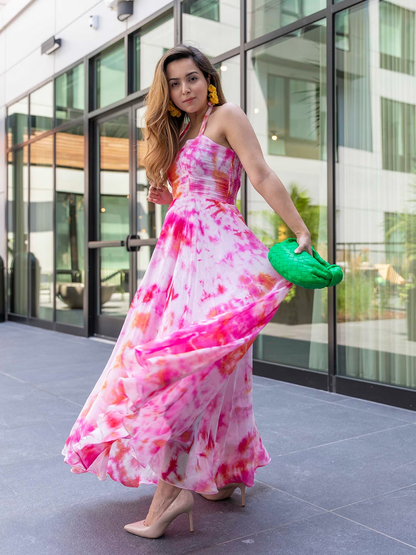 Pink & White Tie And Dye Dyed Halter Neck Maxi Dress