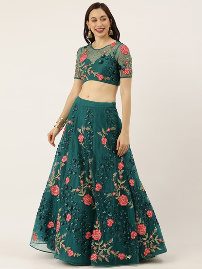 Embroidered Semi-Stitched Lehenga & Unstitched Blouse With Dupatta