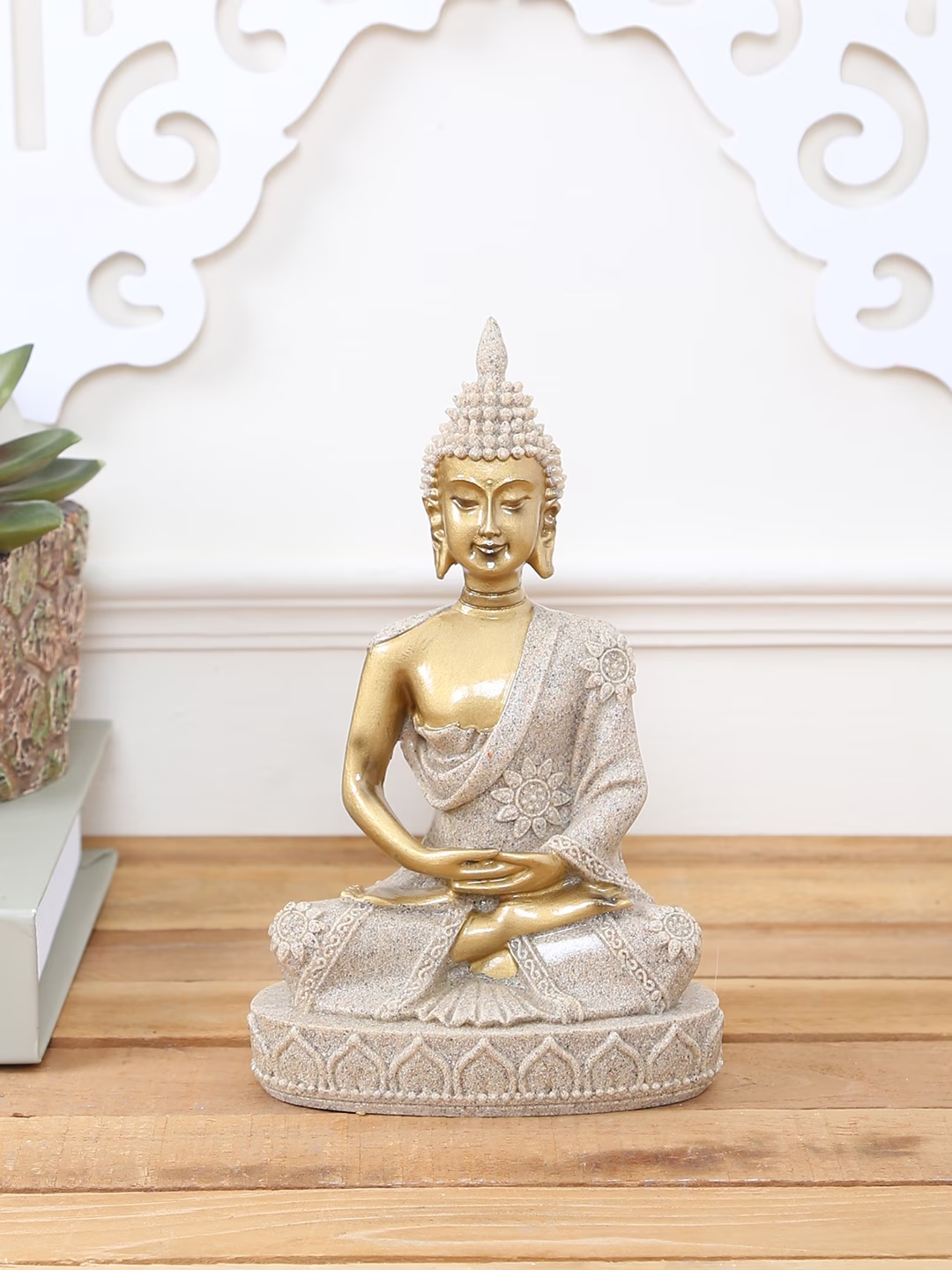 Grey & Gold-Toned Stone Dust Lord Buddha Showpiece