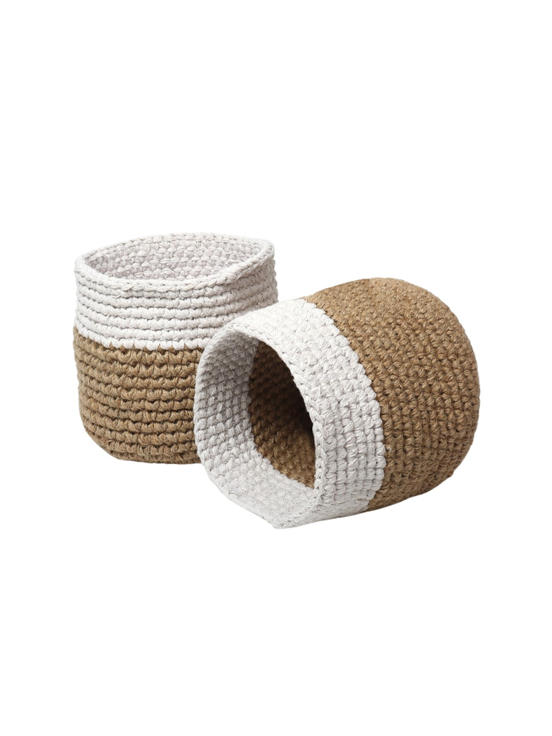 White and Brown Set of 2 Color blocked Jute Crochet Baskets