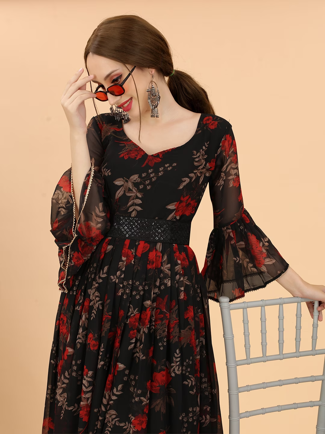 Women Black & Red Floral Fit And Flare Maxi Dress