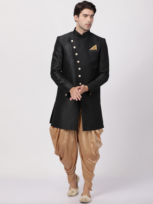 Men Black & Gold-Toned Solid Silk Sherwani With Dhoti Pants