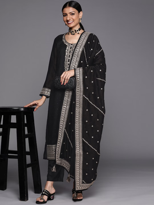 Women Black Floral Motifs Yoke Design Salwar Suit