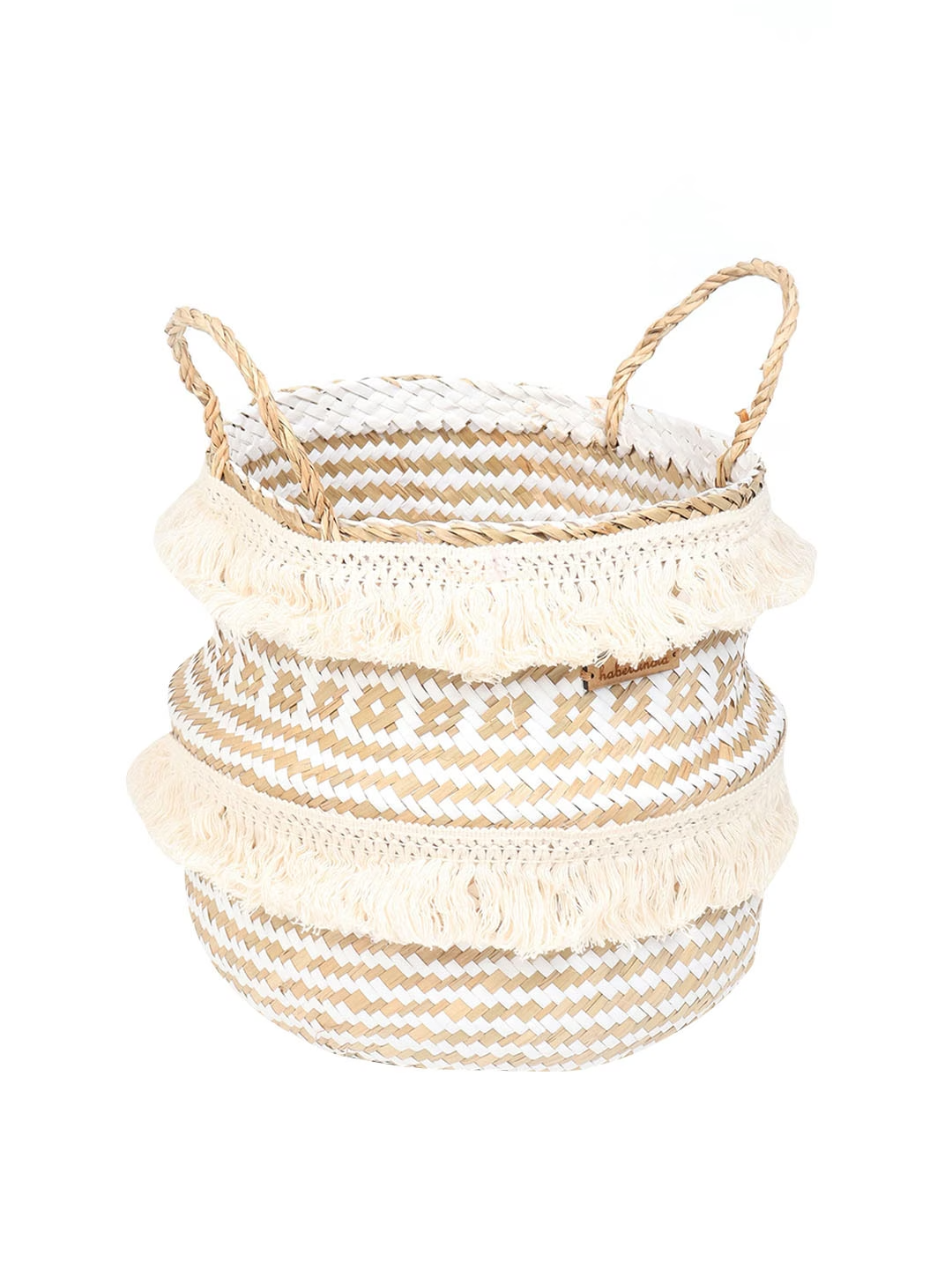 White & Beige Seagrass Belly Plant Medium Storage Basket with Tassels