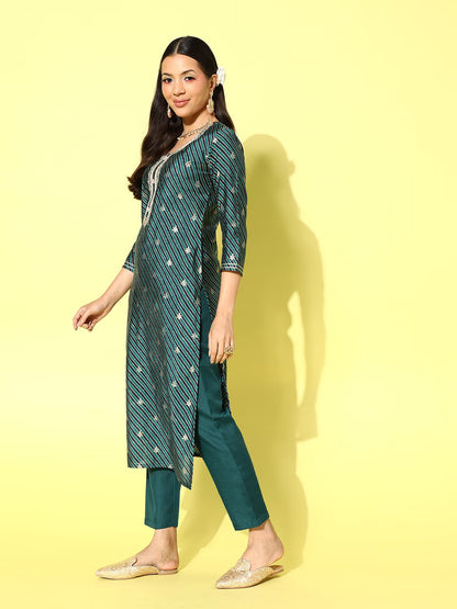 Yoke Design Zari Kurta with Trousers & With Dupatta