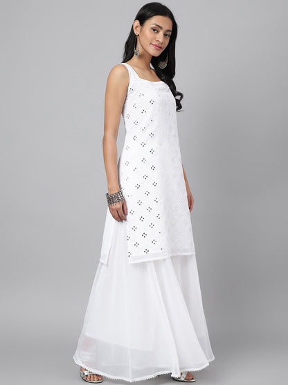 Ethnic Motifs Embroidered Mirror Work Georgette Kurta with Sharara & Dupatta