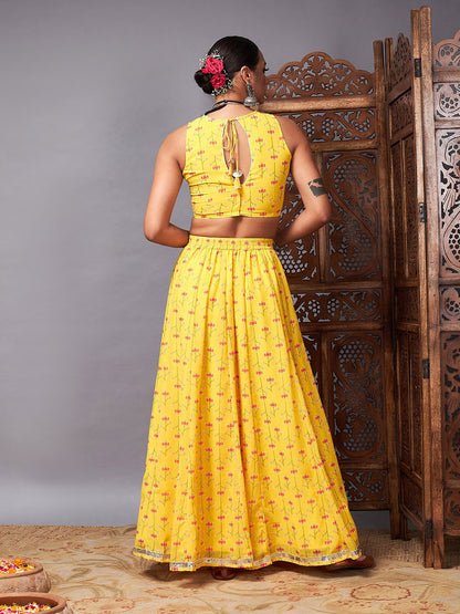 Yellow & Rust Floral Printed Ready to Wear Lehenga & Choli