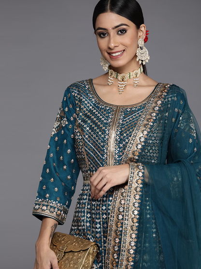 Women Teal Floral Embroidered Sequinned Pure Silk Salwar Suit