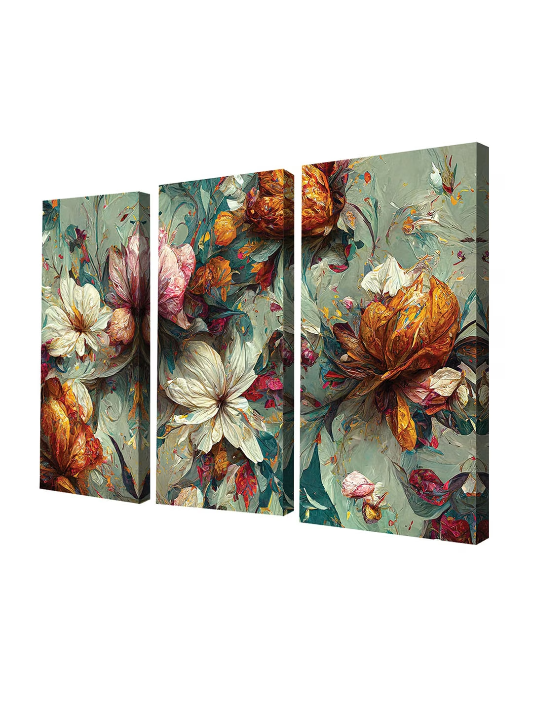 Green & Cream Colored 3-Pcs Beautiful Flowers Abstract Wall Painting