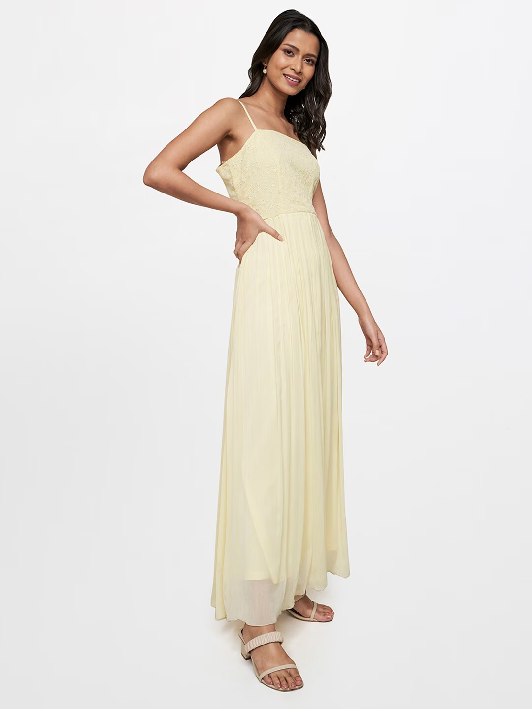 Women Lime Yellow Floral Schiffli A-Line Maxi Dress