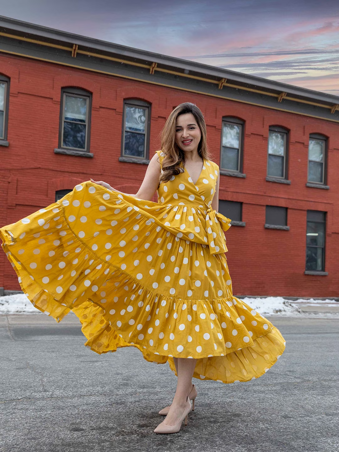 Mustard Yellow Polka Dots Printed Cotton Dress