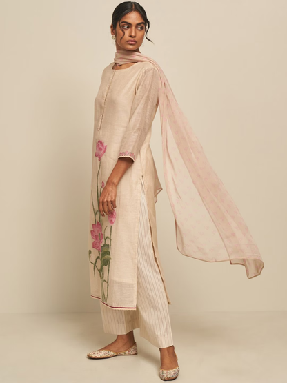 Floral Printed Linen Kurta with Palazzos & Dupatta