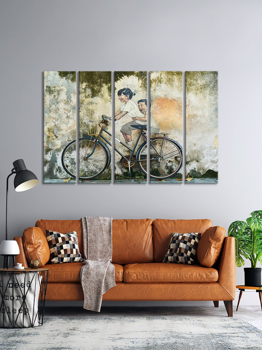Set Of 5 Blue & Beige Two Friends Riding On The Cycle Wall Art Frames