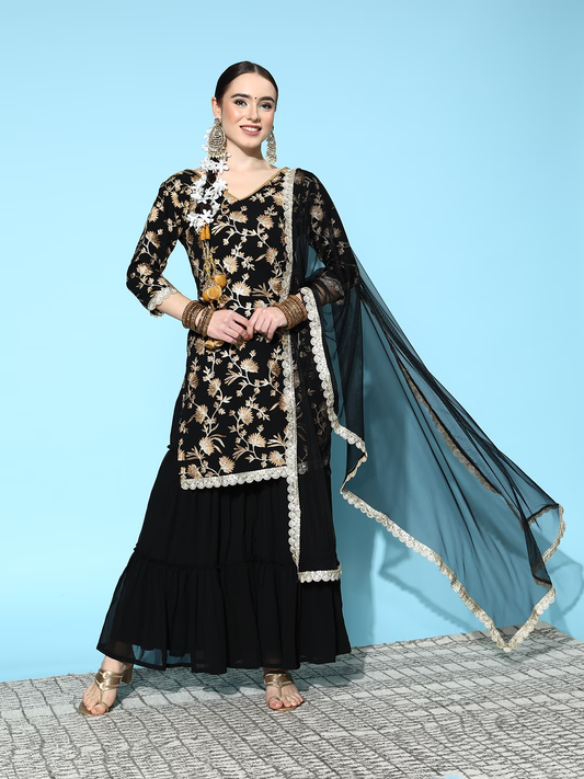 Women Black Floral Embroidered Thread Work Salwar Suit