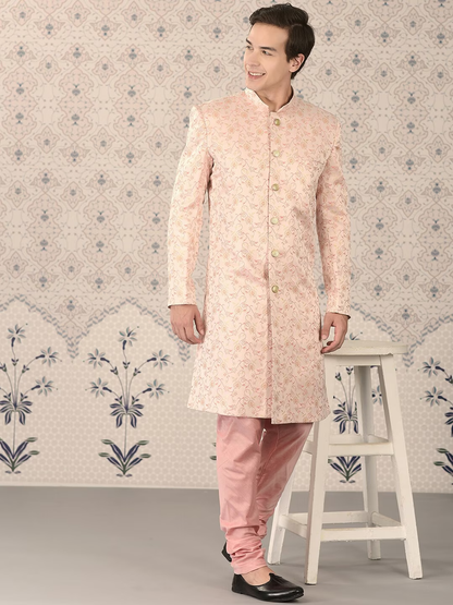 Peach Woven Design Sherwani Set