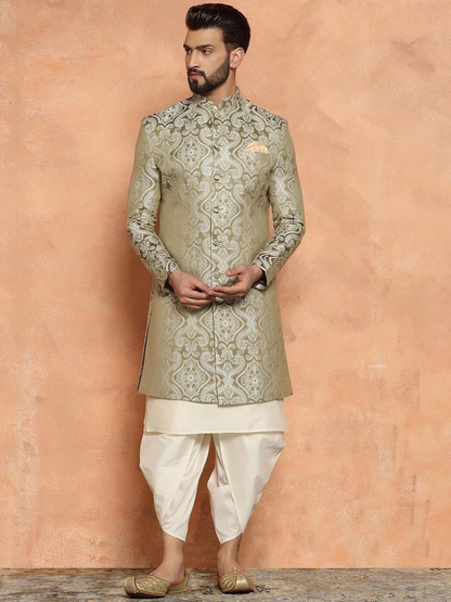 Woven Design Mandarin Collar Sherwani Set