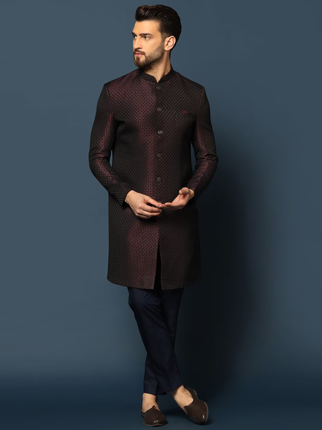 Men Self-Design Cotton Sherwani Set
