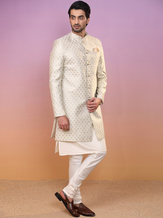 Ethnic Motifs Woven Design Mandarin Collar Sherwani Set