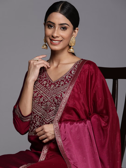 Women Fuchsia Floral Yoke Design Kurta with Sharara & With Dupatta