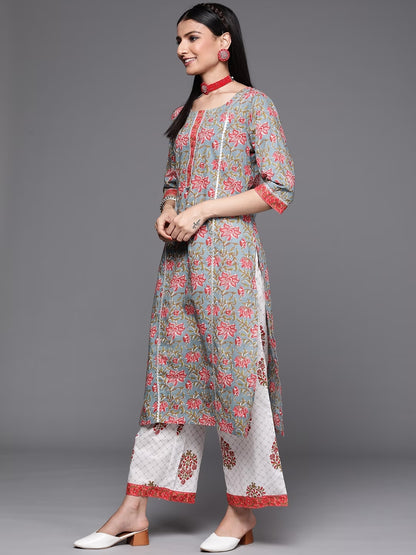 Women Grey & Peach-coloured Floral Print Cotton Kurta Palazzos Dupatta