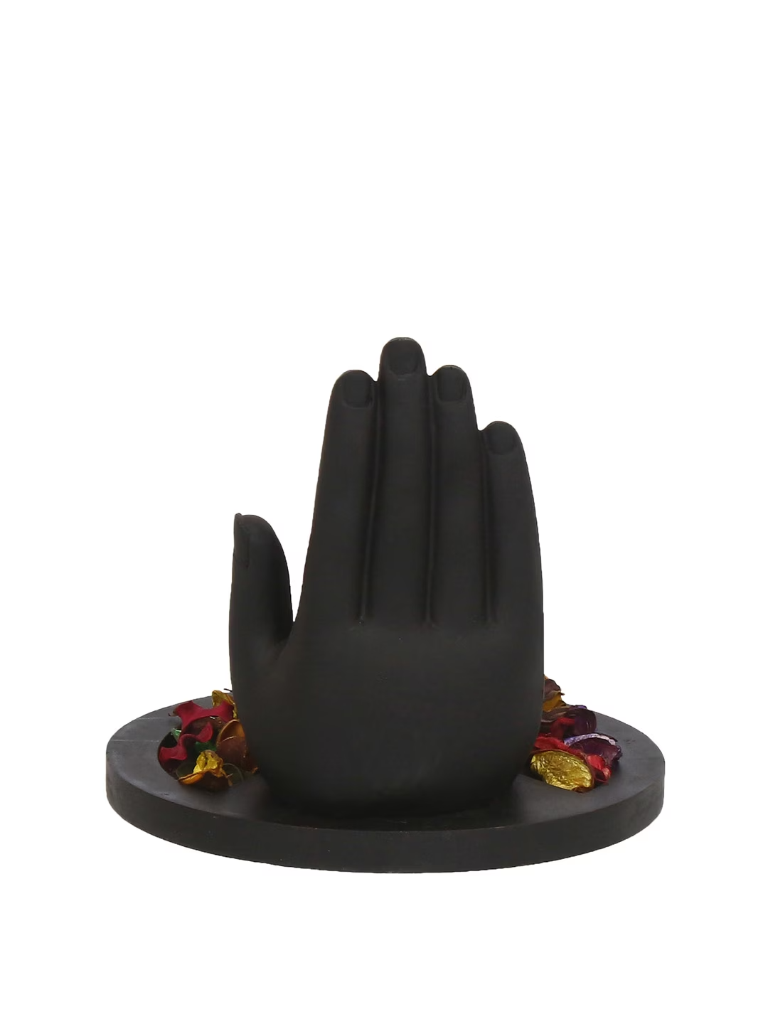 Black & Gold-Toned Handcrafted Palm Buddha Showpiece With Fragrant Petals and Tealight