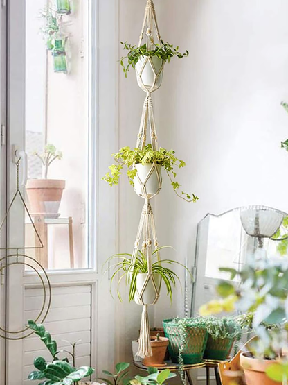 Set Of 2 Beige Macrame Plant Hangers Without Pot