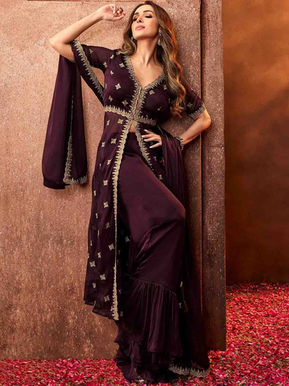 Women Mauve Ethnic Motifs Embroidered Sequinned