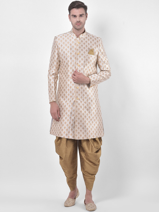 Men Cream-Coloured Woven Design Sherwani Set