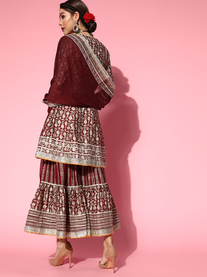 Maroon & Beige Foil Floral Print Panelled Tie-Ups A-Line Kurta Sharara & Dupatta