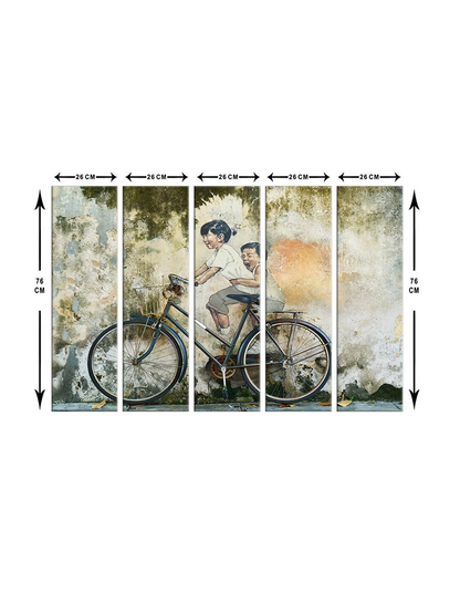 Set Of 5 Blue & Beige Two Friends Riding On The Cycle Wall Art Frames