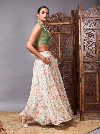 Green & Off White Floral Printed Ready to Wear Lehenga & Choli