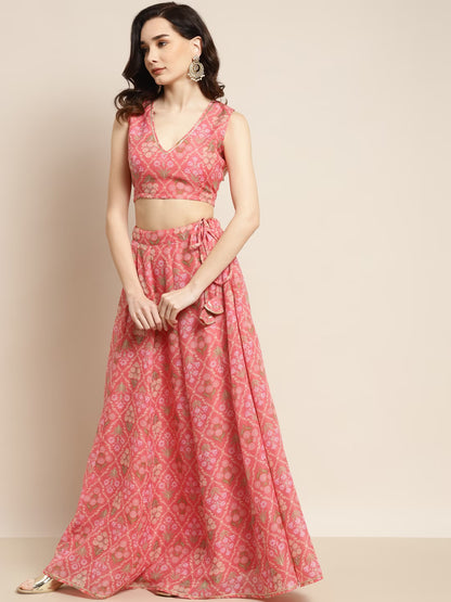 Peach-Coloured & Olive Green Printed Fusion Lehenga Choli