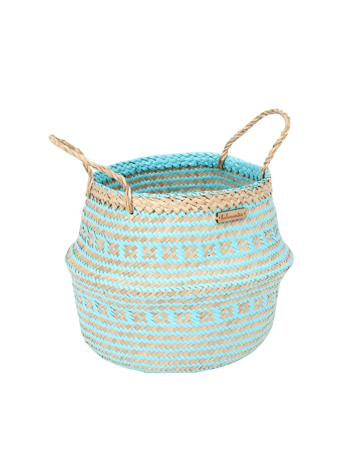 Blue & Beige Seagrass Belly Plant Large Storage Basket