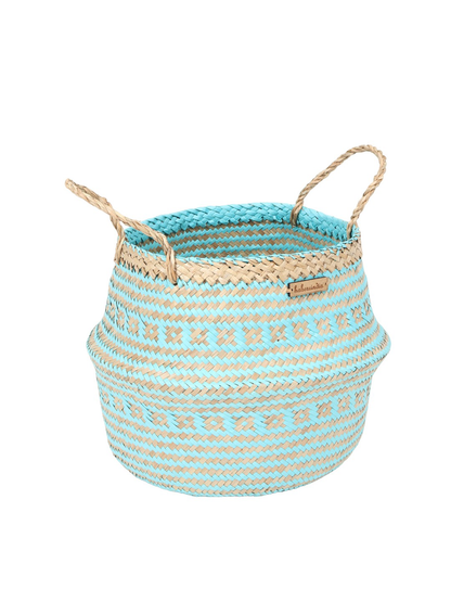 Blue & Beige Seagrass Belly Plant Large Storage Basket