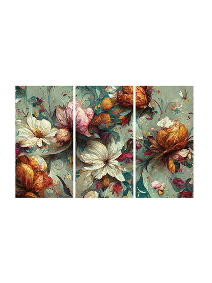 Green & Cream Colored 3-Pcs Beautiful Flowers Abstract Wall Painting