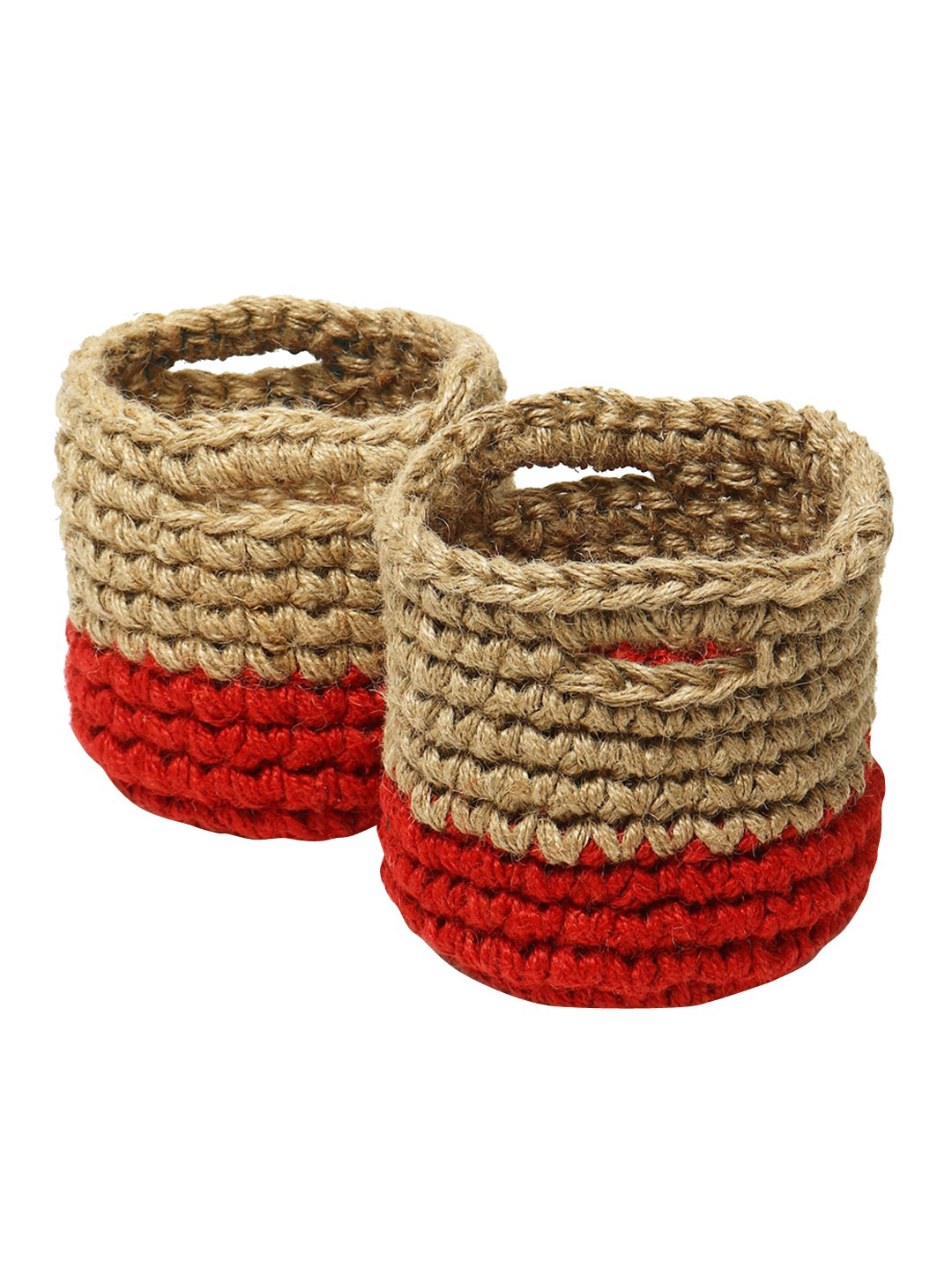 Red and Brown Set of 2 Color blocked Jute Crochet Baskets