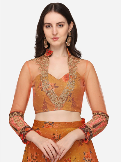 Mustard & Peach-Coloured Embroidered Ready to Wear Lehenga & Blouse With Dupatta