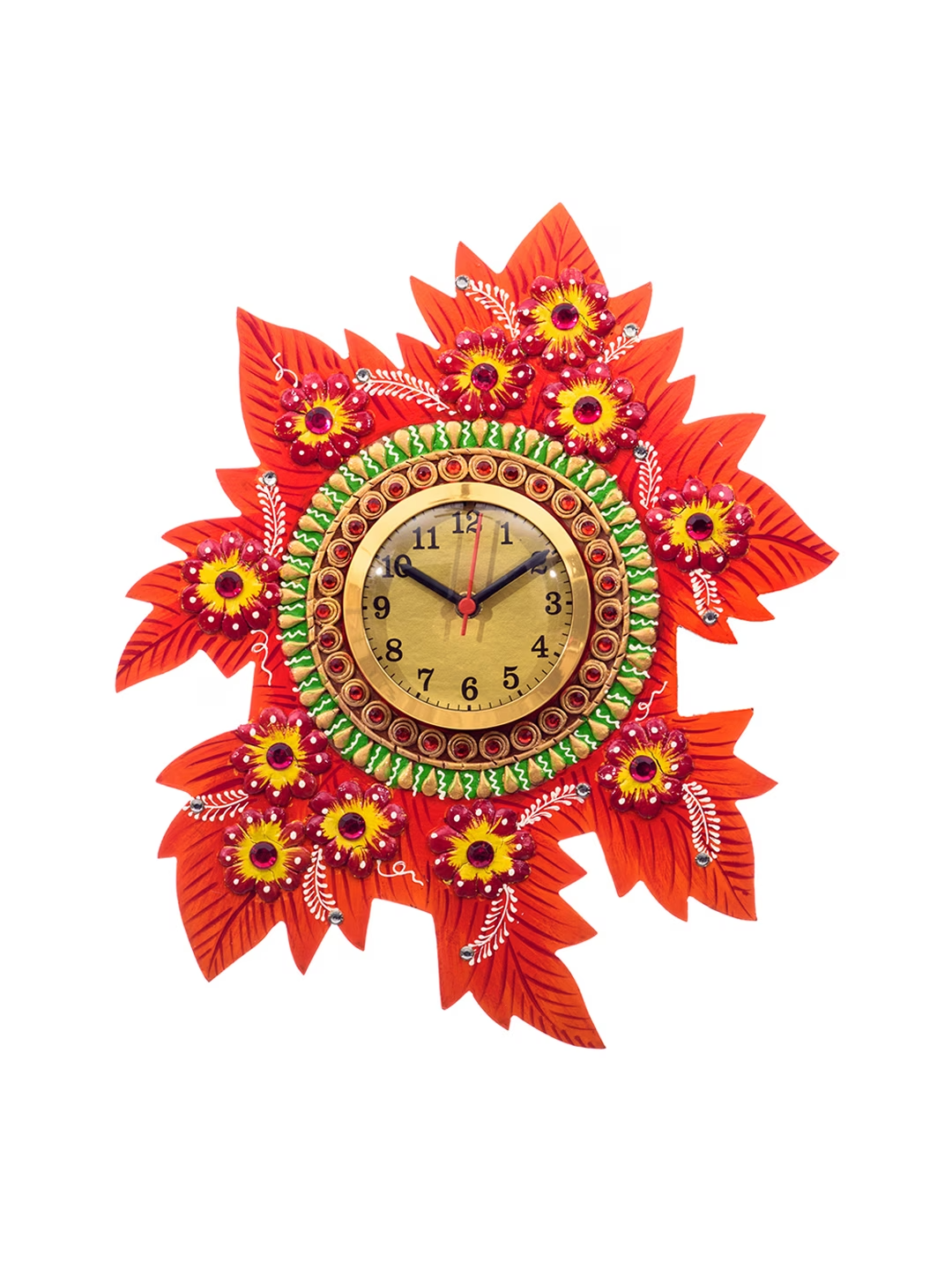Multicoloured Handcrafted Floral Embellished Analogue Wall Clock