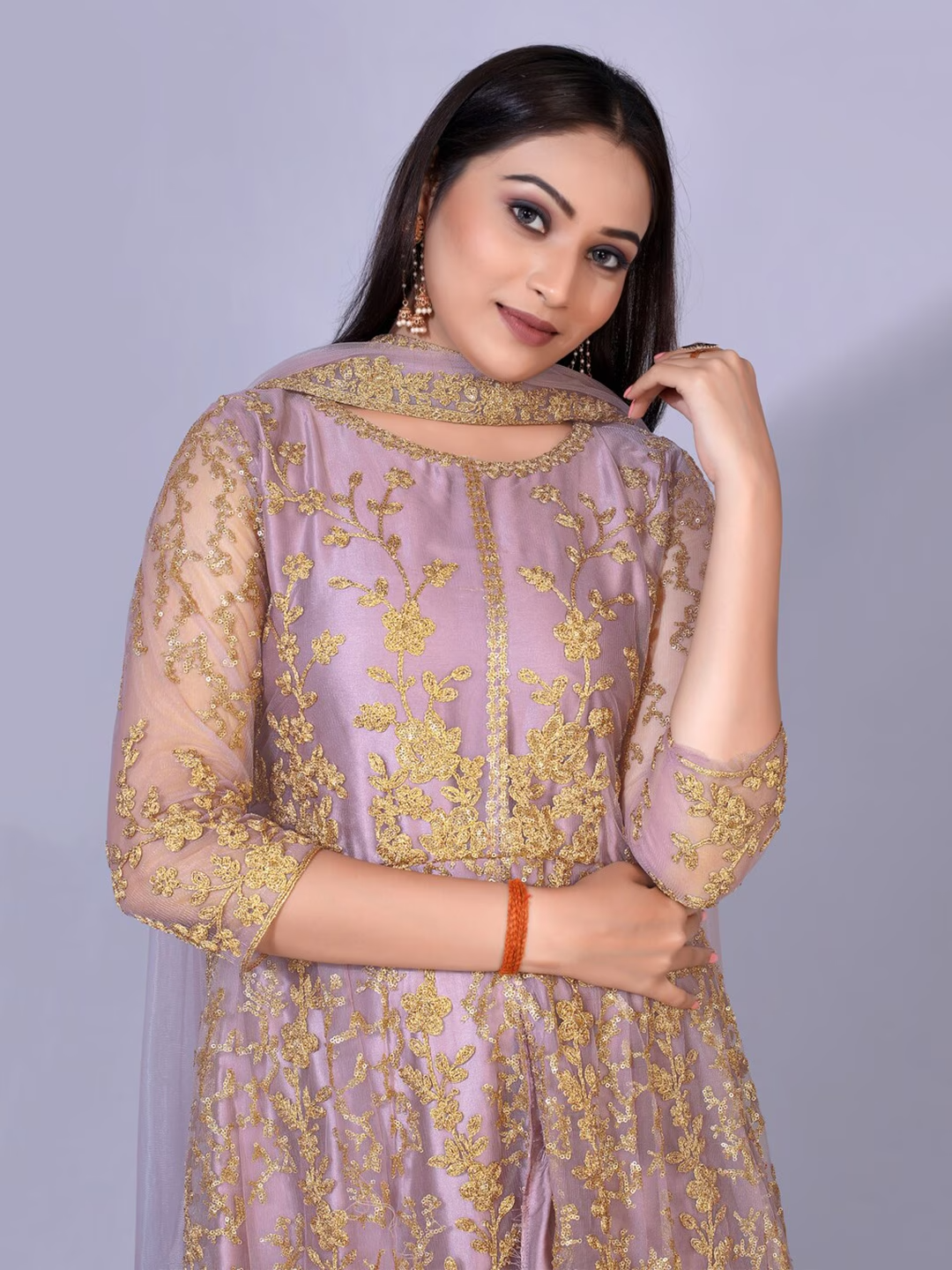 Women Lavender Ethnic Motifs Embroidered Empire Thread Work Salwar Suit