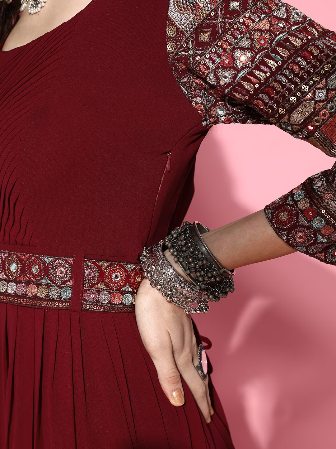 Women Charming Maroon Ethnic Motifs Gown for Days